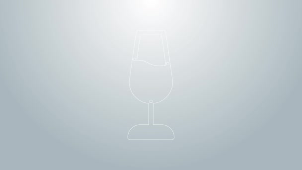 Línea azul Icono de cristal de vino aislado sobre fondo gris. Signo de copa de vino. Animación gráfica de vídeo 4K — Vídeo de stock