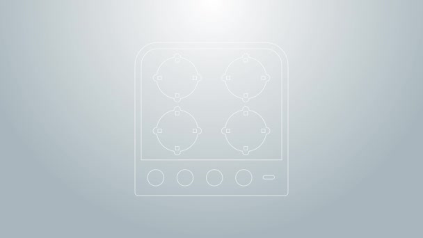 Linha azul Ícone de fogão a gás isolado no fundo cinza. Sinal de Cooktop. Hob com quatro queimadores de círculo. Animação gráfica em movimento de vídeo 4K — Vídeo de Stock