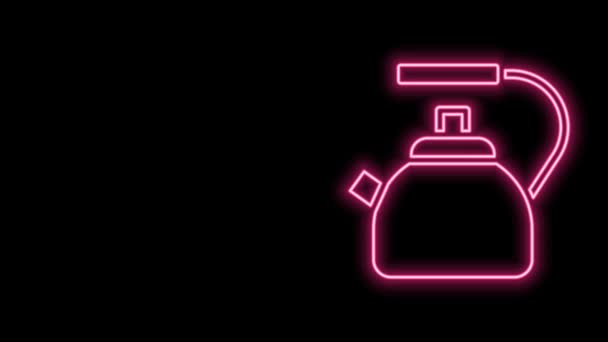 Leuchtende Neon-Linie Wasserkocher mit Griff-Symbol isoliert auf schwarzem Hintergrund. Teekanne vorhanden. 4K Video Motion Grafik Animation — Stockvideo
