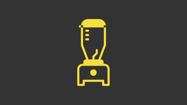 Icono de licuadora amarilla aislado sobre fondo gris. Cocina eléctrica licuadora estacionaria con tazón. Cocinar batidos, cócteles o jugos. Animación gráfica de vídeo 4K — Vídeo de stock