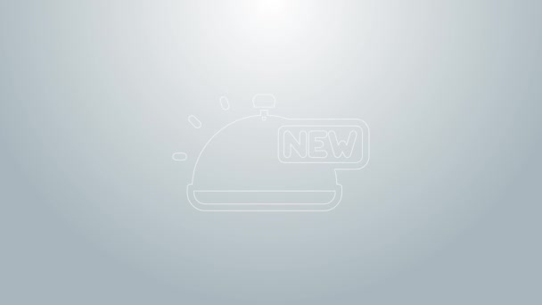 Línea azul Cubierta con una bandeja de alimento icono aislado sobre fondo gris. Bandeja y letrero de tapa. Restaurante cloche con tapa. Animación gráfica de vídeo 4K — Vídeos de Stock