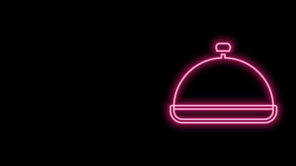 Glowing neon line Covered with a tray of food icon isolated on black background. Tray and lid sign. Restaurant cloche with lid. 4K Video motion graphic animation — Stock Video