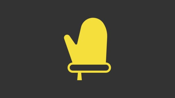 Guante amarillo icono del horno aislado sobre fondo gris. Señal del portavasos de cocina. Guante de cocina. Animación gráfica de vídeo 4K — Vídeo de stock
