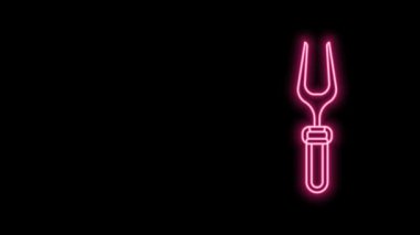 Parlayan neon hattı barbekü çatalı simgesi siyah arkaplanda izole edildi. Mangal çatalı tabelası. Barbekü ve ızgara aleti. 4K Video hareketli grafik canlandırması