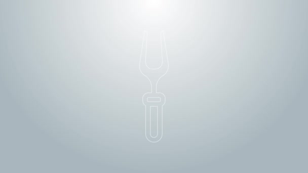 Ícone de garfo de churrasco de linha azul isolado em fundo cinza. Sinal de garfo para churrasco. Churrasco e grelhador ferramenta. Animação gráfica em movimento de vídeo 4K — Vídeo de Stock