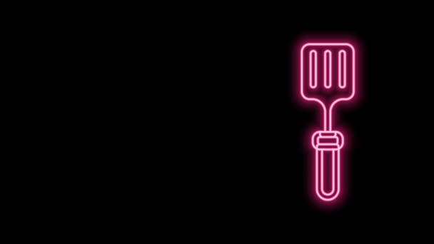 Linea neon incandescente icona spatola barbecue isolato su sfondo nero. Icona spatola da cucina. Segno spatola barbecue. Barbecue e strumento griglia. Animazione grafica 4K Video motion — Video Stock