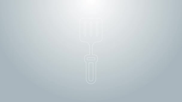 Línea azul Icono de espátula para barbacoa aislado sobre fondo gris. Icono de espátula de cocina. Signo de espátula de barbacoa. Barbacoa y parrilla. Animación gráfica de vídeo 4K — Vídeos de Stock