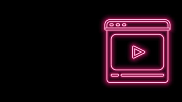 Glowing neon line Online play video icon isolated on black background. Film strip with play sign. 4K Video motion graphic animation — Stock Video