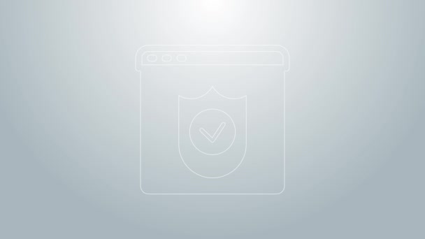 Blaue Linie Browser mit Schild-Symbol isoliert auf grauem Hintergrund. Sicherheit, Sicherheit, Schutz, Privatsphäre. 4K Video Motion Grafik Animation — Stockvideo