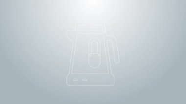 Mavi çizgi elektrikli su ısıtıcısı simgesi gri arkaplanda izole edildi. Çaydanlık ikonu. 4K Video hareketli grafik canlandırması
