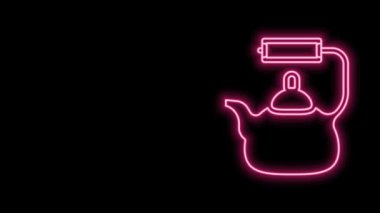 Siyah arka planda izole edilmiş kabza simgesi olan parlak neon çizgisi Kettle. Çaydanlık ikonu. 4K Video hareketli grafik canlandırması