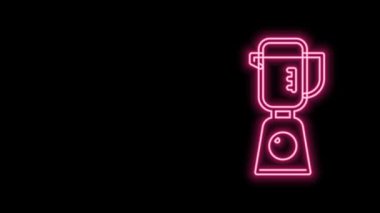 Parlayan neon hattı blender simgesi siyah arkaplanda izole edildi. Mutfak elektrikli kırıcı ve kase. Meyve suyu, kokteyl ya da meyve suyu. 4K Video hareketli grafik canlandırması