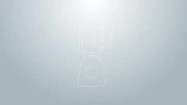 Mavi çizgi karıştırıcı simgesi gri arkaplanda izole edildi. Mutfak elektrikli kırıcı ve kase. Meyve suyu, kokteyl ya da meyve suyu. 4K Video hareketli grafik canlandırması