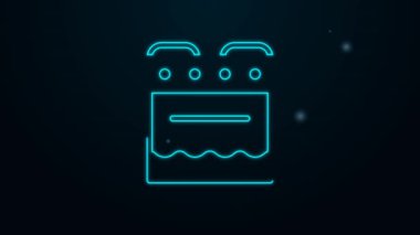 Parlayan neon hattı fırın simgesi siyah arkaplanda izole edildi. Fırın tabelası. 4K Video hareketli grafik canlandırması