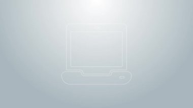 Mavi çizgi dizüstü bilgisayar simgesi gri arkaplanda izole edildi. Boş ekran işaretli bilgisayar defteri. 4K Video hareketli grafik canlandırması