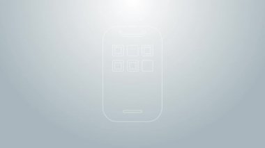Mavi çizgi Mobil Uygulamalar simgesi gri arkaplanda izole edildi. Ekran simgeli akıllı telefon, uygulamalar. Cep telefonu ekranı görünüyor. 4K Video hareketli grafik canlandırması