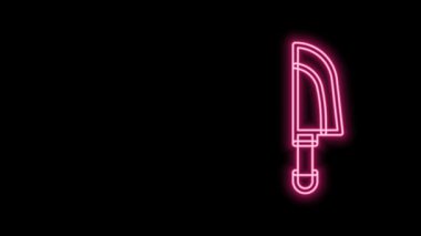 Parlayan neon çizgili bıçak simgesi siyah arkaplanda izole edildi. Çatal bıçak sembolü. 4K Video hareketli grafik canlandırması