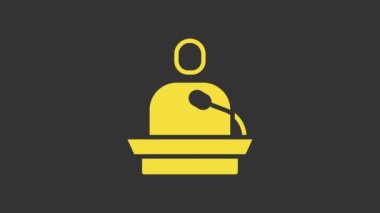 Sarı, gri arkaplanda izole edilmiş ders simgesi verir. Podyumun yanında dur. Mikrofona konuş. Konuşmacı nutuklar ve jestler. 4K Video hareketli grafik canlandırması