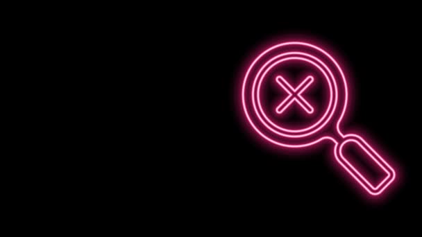 Glowing neon line Magnifying glass and delete icon isolated on black background. Search, focus, zoom, business symbol. 4K Video motion graphic animation — Stock Video
