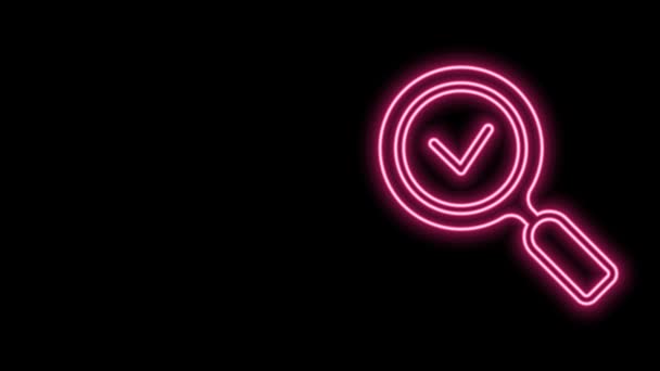 Glowing neon line Magnifying glass with check mark icon isolated on black background. Search, focus, zoom, business symbol. 4K Video motion graphic animation — Stock Video