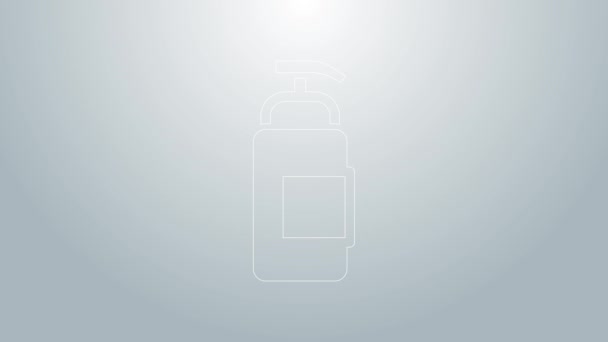 Blauwe lijn Fles vloeibare antibacteriële zeep met dispenser pictogram geïsoleerd op grijze achtergrond. Ontsmettingsmiddel. Desinfectie, hygiëne, huidverzorging. 4K Video motion grafische animatie — Stockvideo