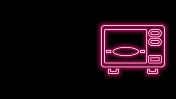 Világító neon vonal Mikrohullámú sütő ikon elszigetelt fekete alapon. Háztartási gépek ikonja. 4K Videó mozgás grafikus animáció — Stock videók