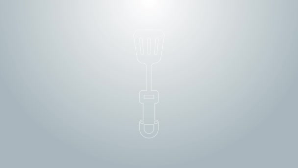 Línea azul Icono de Espátula aislado sobre fondo gris. Icono de espátula de cocina. Signo de espátula de barbacoa. Barbacoa y parrilla. Animación gráfica de vídeo 4K — Vídeos de Stock