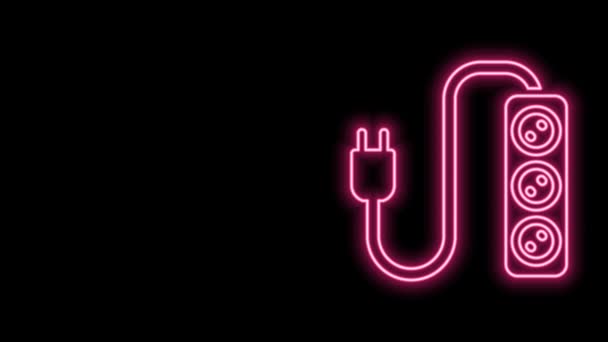 Gloeiende neon lijn Elektrische verlengsnoer pictogram geïsoleerd op zwarte achtergrond. Stroomstopcontact. 4K Video motion grafische animatie — Stockvideo