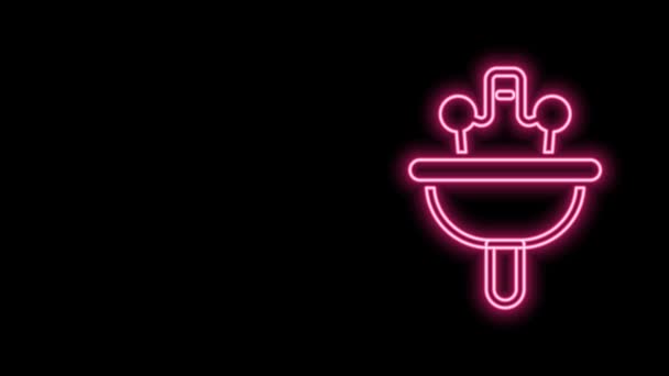 Leuchtendes neonfarbenes Waschbecken mit Wasserhahn-Symbol auf schwarzem Hintergrund. 4K Video Motion Grafik Animation — Stockvideo