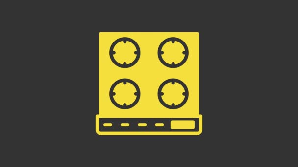 Icono de estufa de gas amarillo aislado sobre fondo gris. Signo de cocina. Hob con cuatro quemadores de círculo. Animación gráfica de vídeo 4K — Vídeos de Stock