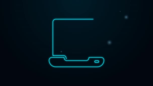 Linea fluorescente icona del computer portatile isolato su sfondo nero. Quaderno del computer con segno dello schermo vuoto. Animazione grafica 4K Video motion — Video Stock
