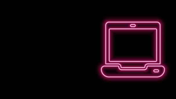 Linha de néon brilhante ícone Laptop isolado no fundo preto. notebook de computador com sinal de tela vazia. Animação gráfica em movimento de vídeo 4K — Vídeo de Stock