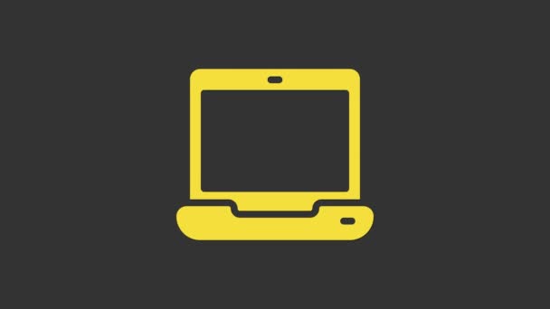 Ícone amarelo do portátil isolado no fundo cinzento. notebook de computador com sinal de tela vazia. Animação gráfica em movimento de vídeo 4K — Vídeo de Stock