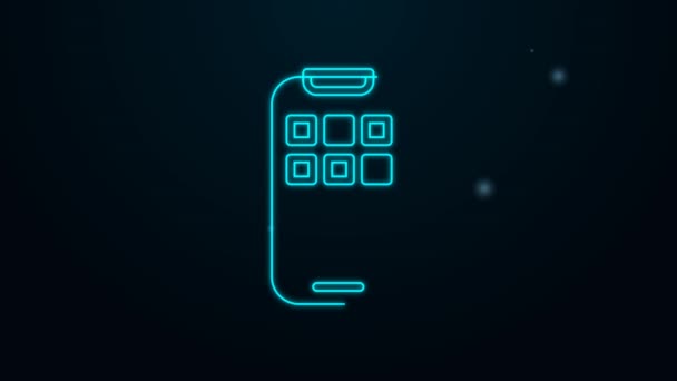 Иконка светящегося неонового цвета Mobile Apps выделена на черном фоне. Смартфон с иконками экрана, приложениями. Мобильный телефон показывает экран. Видеографическая анимация 4K — стоковое видео