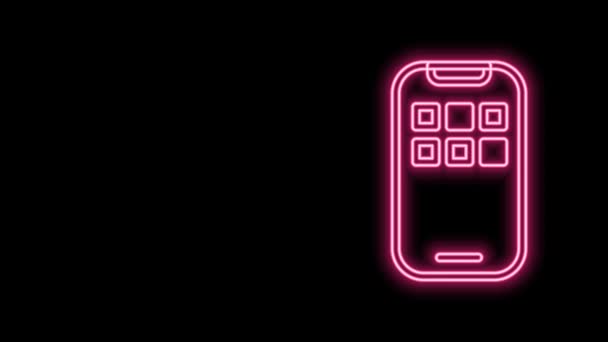 Linha de néon brilhante ícone Aplicativos móveis isolado no fundo preto. Smartphone com ícones de tela, aplicativos. telefone celular mostrando tela. Animação gráfica em movimento de vídeo 4K — Vídeo de Stock