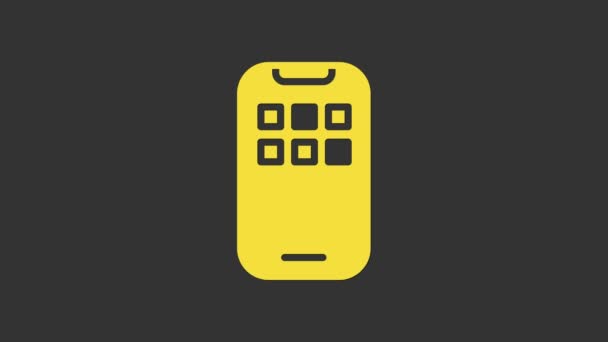 Yellow Mobile Apps icon isolated on grey background. Smartphone with screen icons, applications. mobile phone showing screen. 4K Video motion graphic animation — Stock Video