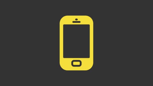 黄色のスマートフォン、灰色の背景に隔離された携帯電話のアイコン。4Kビデオモーショングラフィックアニメーション — ストック動画