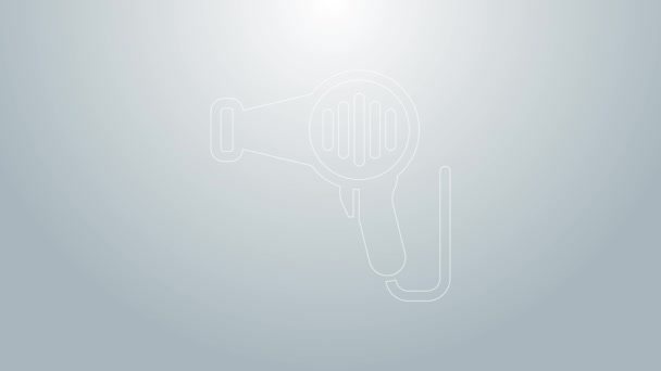 Modrá čára Vysoušeč vlasů ikona izolované na šedém pozadí. Vysoušeč. Symbol sušení vlasů. Fouká horký vzduch. Grafická animace pohybu videa 4K — Stock video
