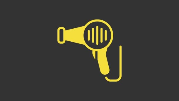 Gelbes Haartrockner-Symbol isoliert auf grauem Hintergrund. Haartrockner Zeichen. Föhn-Symbol. Heiße Luft blasen. 4K Video Motion Grafik Animation — Stockvideo