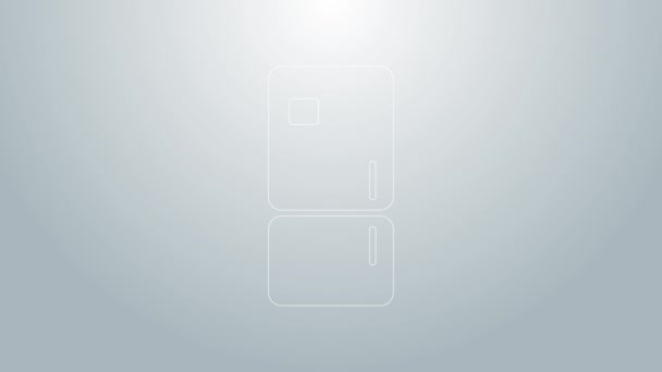 Niebieska linia Lodówka ikona izolowana na szarym tle. Lodówka z zamrażarką. Technika i urządzenia gospodarstwa domowego. 4K Animacja graficzna ruchu wideo — Wideo stockowe