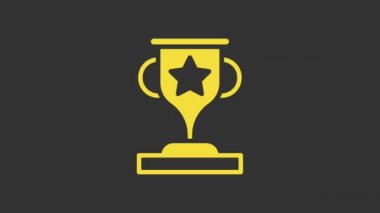 Sarı ödüllü kupa simgesi gri arkaplanda izole edilmiş. Galibiyet ödülü sembolü. Şampiyonluk ya da yarışma kupası. Spor başarısı işareti. 4K Video hareketli grafik canlandırması