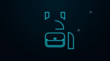 Parlayan neon çizgisi okul sırt çantası simgesi siyah arkaplanda izole edildi. 4K Video hareketli grafik canlandırması