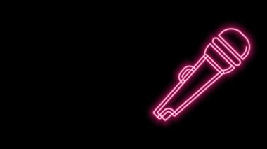 Parlayan neon hattı mikrofon simgesi siyah arkaplanda izole edildi. Radyodaki mikrofondan. Sözcü işareti. 4K Video hareketli grafik canlandırması
