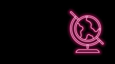 Parlayan neon çizgisi Dünya ikonu siyah arka planda izole edildi. 4K Video hareketli grafik canlandırması