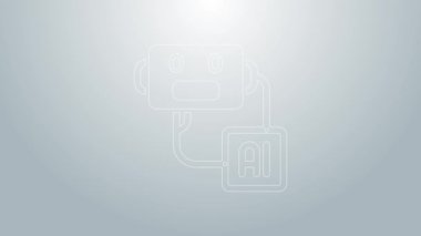 Mavi çizgi yapay zeka robot simgesi gri arkaplanda izole edildi. Makine öğrenme, bulut hesaplama. 4K Video hareketli grafik canlandırması