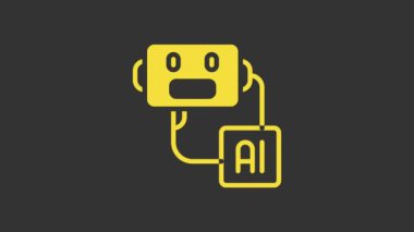 Sarı Yapay Zeka robot simgesi gri arkaplanda izole edildi. Makine öğrenme, bulut hesaplama. 4K Video hareketli grafik canlandırması