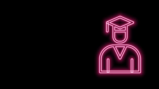 Línea de neón brillante Icono de graduado y gorra de graduación aislado sobre fondo negro. Animación gráfica de vídeo 4K — Vídeo de stock