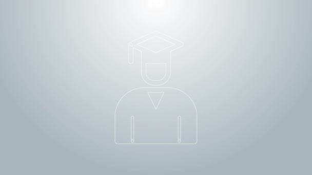 Línea azul Icono de la gorra de graduación y graduación aislado sobre fondo gris. Animación gráfica de vídeo 4K — Vídeo de stock