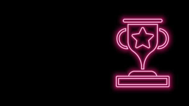 Glow néon ligne Award tasse icône isolée sur fond noir. Symbole du trophée gagnant. Trophée de championnat ou compétition. Signe d'accomplissement sportif. Animation graphique de mouvement vidéo 4K — Video