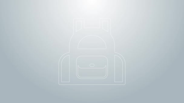 Modrá čára Školní batoh ikona izolované na šedém pozadí. Grafická animace pohybu videa 4K — Stock video